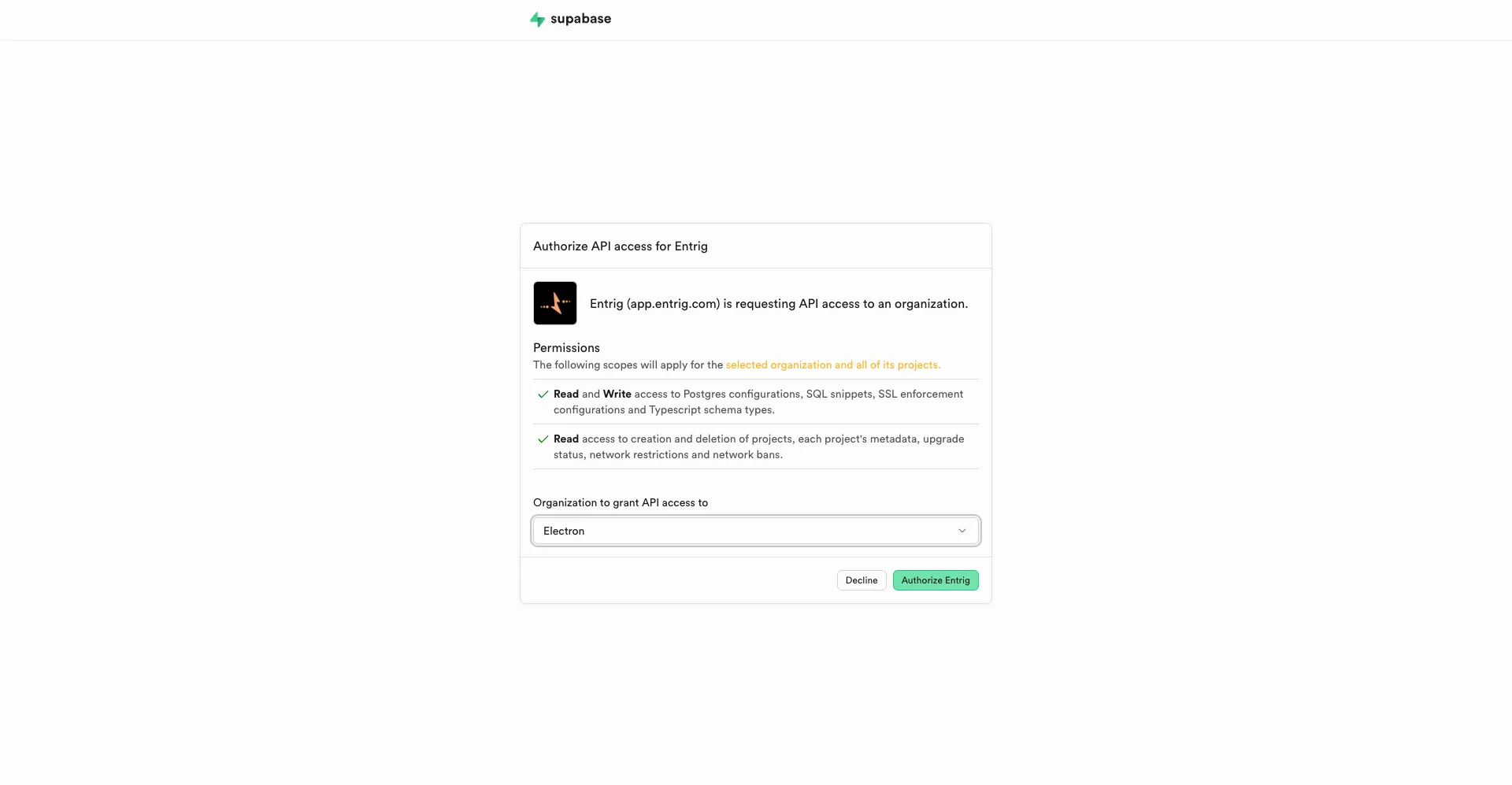 Supabase OAuth authorization page